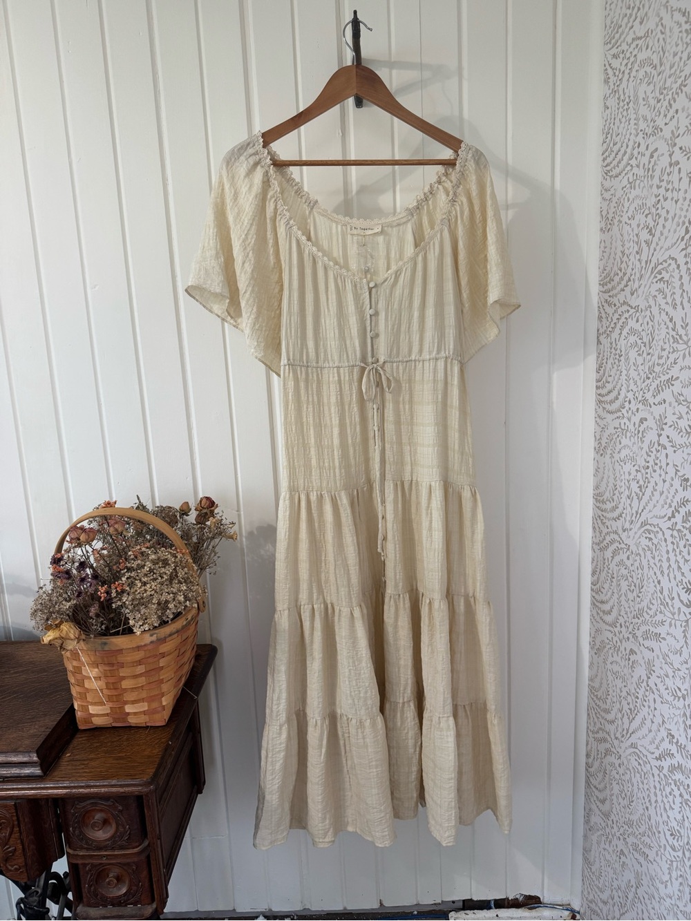 Cotton Tencel Boho Prairie Tiered Maxi Dress | Cream